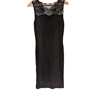 Sleeveless Black Dress Lace Trim Sheer Neckline Bodycon Cocktail Party Chic 90s
